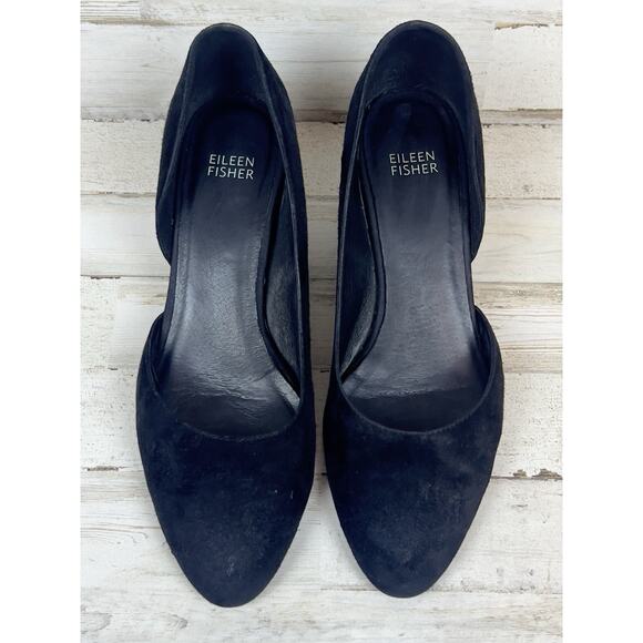 Eileen Fisher Lily Half D'Orsey Heels Size 9 Black Suede Point Toe Block Heel - Picture 1 of 7
